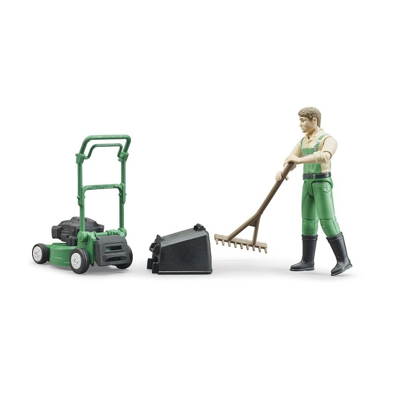 Set figurine jardinier avec tondeuse à gazon