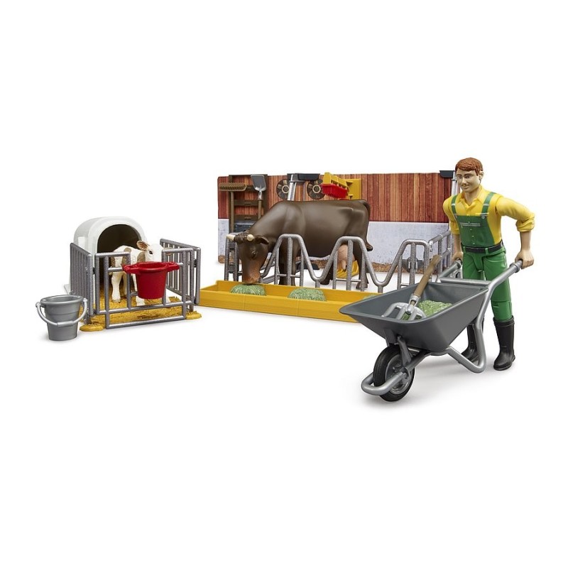 Étable, vache et veau avec agriculteur