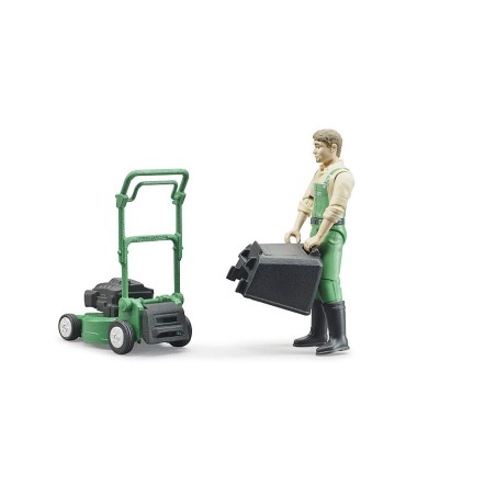 Set figurine jardinier avec tondeuse à gazon