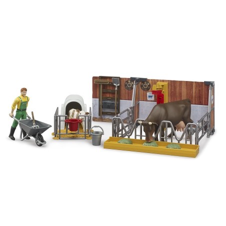 Étable, vache et veau avec agriculteur