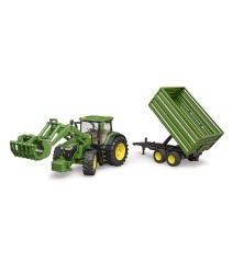 John Deere 7R avec chargeur avant et remorque tandem