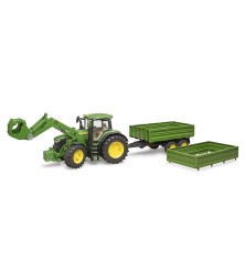 John Deere 7R avec chargeur avant et remorque tandem