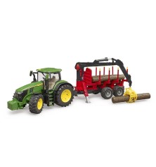 Tracteur John Deere 7 R avec remorque forestière et 4 troncs d’arbre