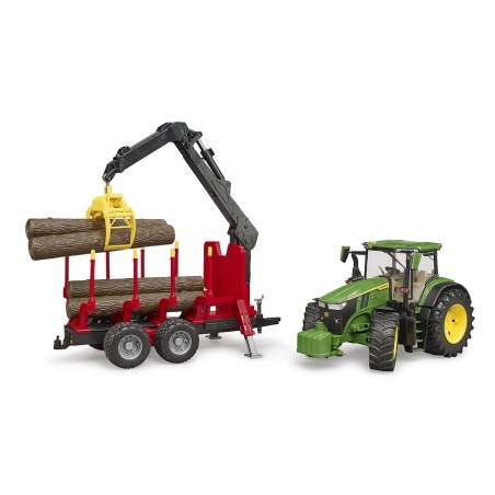 Tracteur John Deere 7 R avec remorque forestière et 4 troncs d’arbre