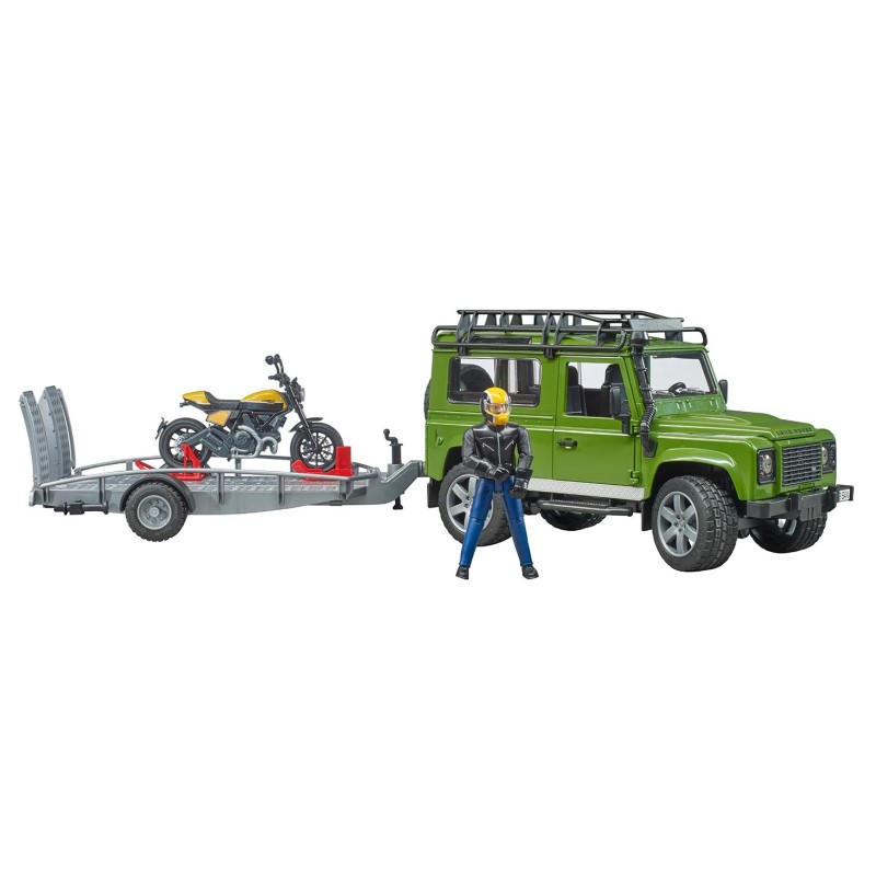Land Rover Defender avec Ducati Scrambler Full Throttle et figurine