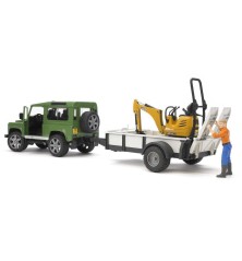 Jeep Land Rover Defender avec remorque, mini pelleteuse et figurine