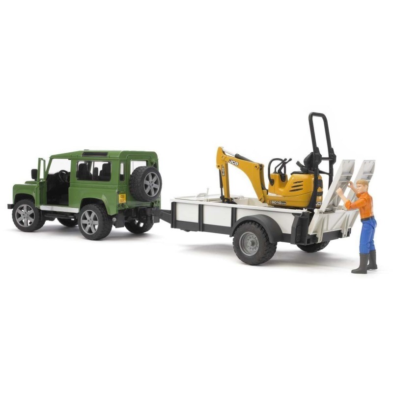 Jeep Land Rover Defender avec remorque, mini pelleteuse et figurine